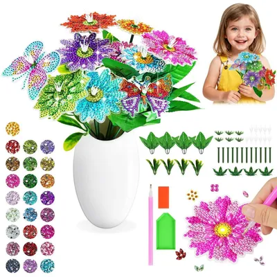 Image de Kit de création pour enfants : peinture diamant sur le thème des fleurs, kit créatif à partir de 6 ans, idéal pour les filles, décorations florales colorées