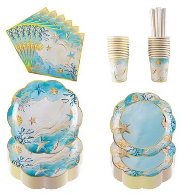 Partyset für 25 Gäste: Pappteller, Becher, Servietten, Strohhalme