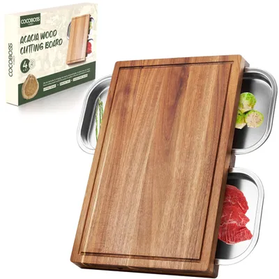 Acaciahout Snijplank mit 3 Edelstahlschalen, 44,5x30x6 cm