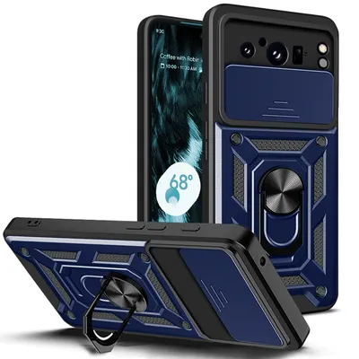 A dark blue phone case with a ring holder and camera protection is shown from multiple angles.