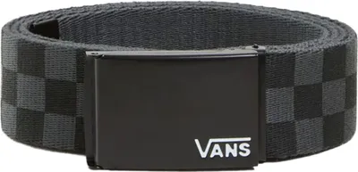 A rolled-up Vans belt with a checkered pattern and a black buckle with the Vans logo.