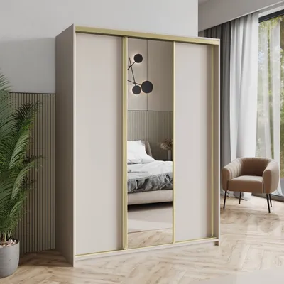 Produktbild von Masseno Schiebetürenschrank TAVI 150/205/60 cm Kleiderschrank mit Schubladen Schlafzimmer Schrank 3-türig mit Spiegel Kaschmir + Gold