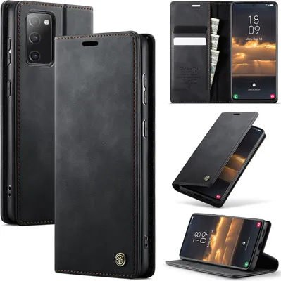 Collage of images showing a black leather phone case for a Samsung Galaxy S20 FE.