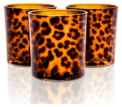 Produktbild von Teelichthalter Set mit Leopardenmuster, Windlicht aus Glas für Tischdekoration, romantische Teelichtgläser für Wohnzimmer, Vintage Kerzengläser für Valentinstag, Geburtstag, Weihnachten, 6,6 x 7,8 cm