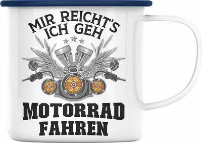 Produktbild von Trendation - Motorradfahrer Geschenk für Männer Motorrad Emaille Tasse mit Spruch Emaille Emaille Tasse für Biker Herren (Blau)