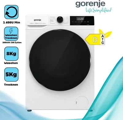 A Gorenje washing machine is displayed with feature callouts.