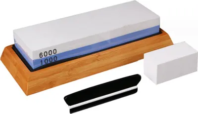 Produktbild von Wetzstein, Messerschärfer, Schleifstein, 2-in-1-Schärfstein (Körnung 1000/6000) mit Bambusbasis, rutschfester Silikonrückseite, Winkelführung und Abrichtstein