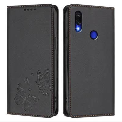 Produktbild von Lederhülle für Xiaomi Redmi Note 7/Note 7 Pro, Schmetterling Prägung Leder Brieftasche Schutzhülle mit Ständer Schwarz