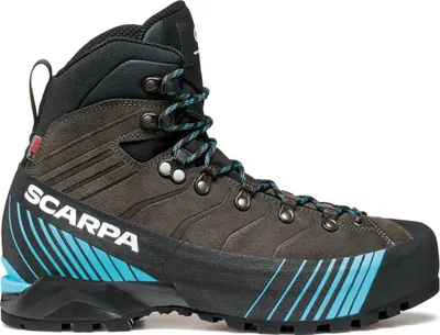 Ribelle HD Mountain Elite Schuhe von Scarpa; Herren-Bergschuhe in Schwarz mit blauen Akzenten.