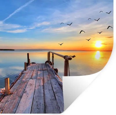 Produktbild von MuchoWow® Wandtattoo Wandsticker Wandaufkleber Wasser - Steg - Vögel - Sonnenuntergang - Horizont 80x80 cm Selbstklebend und Repositionierbar - Wierderverwendbar - Selbstklebend