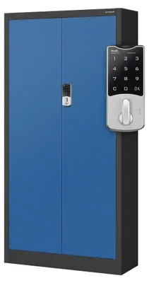 Produktbild von Aktenschrank Metallschrank mit Zahlenschloss Büroschrank Flügeltüren Stahlblech 4 Einlegeböden 185 cm x 90 cm x 40 cm anthrazit-blau