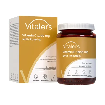 Image de Vitamine C Vitaler's avec cynorrhodon 1000 mg - 60 gélules, végétalien, complément alimentaire pour 2 mois, sans conservateurs, composition pure