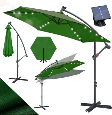 Image de Parasol Izrielar 3 m vert avec éclairage LED, parasol de jardin avec manivelle, protection UV 50+, inclinable, résistant au vent, pied en croix inclus, idéal pour le jardin ou la terrasse