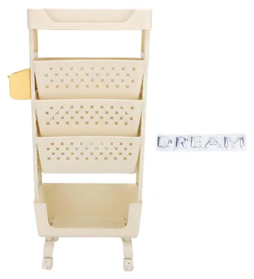 Zdjęcie produktu dla Rolling Book Cart 5 Tier PP Multi Functional Movable Storage Book Rack Utility Organizer Bookshelf with Lockable Casters for Study Office Bedroom Cream White