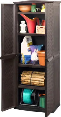 A dark brown, rattan-style utility shed with its doors open, displaying various gardening and household items on its shelves.