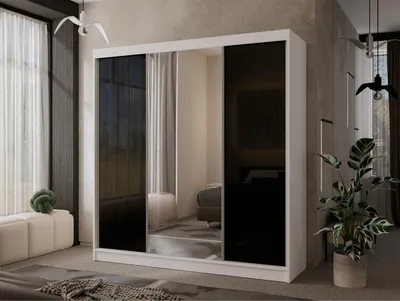 Produktbild von Spiegelschrank mit 4 Schubladen Mallorca 200 cm Garderobenschrank mit Hochglanz modernes 3-türig Schiebetürenschrank, Farbe: Weiß, Hochglanz: Schwarz