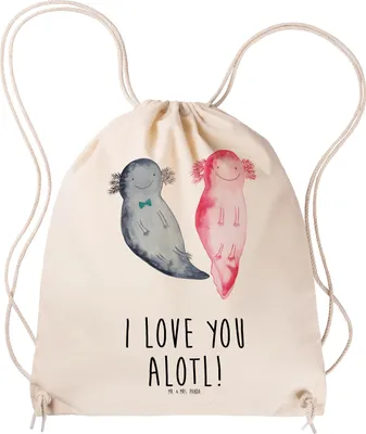 Produktbild von Mr. & Mrs. Panda Turnbeutel Axolotl Liebe - Transparent - Geschenk, Beutel, wander rucksack, Hochzeitstag, für Frauen, Jutebeutel, Valentinstag, Stoffbeutel, Säckchen