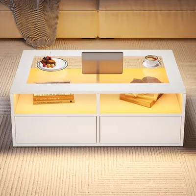 Immagine prodotto di 100×50×35 cm  Tavolino da salotto con illuminazione a LED, tavolino da divano con 2 cassetti, tavolino da salotto in vetro, tavolino da tè