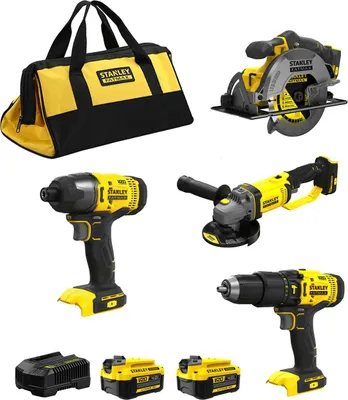 Immagine prodotto di STANLEY FatMax Kit SFMCK469M2 (SFMCD711 + SFMCF800 + SFMCG400 + SFMCS500 + 2 x 4,0 Ah + caricabatterie + borsa XL)