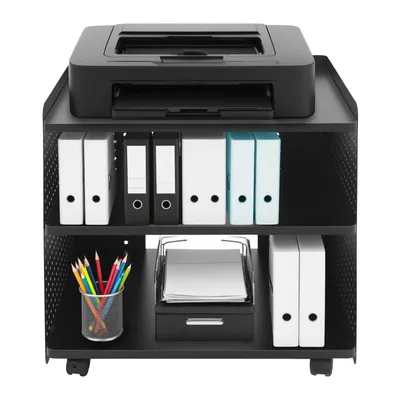 A black mobile printer stand with three shelves, filled with office supplies.