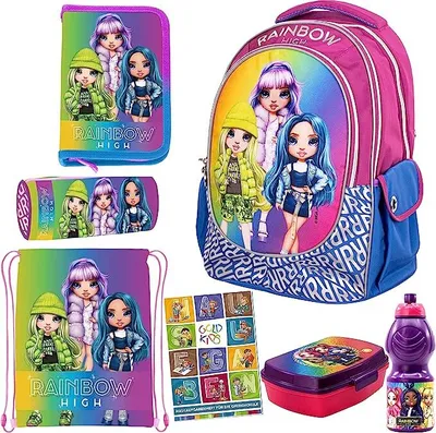Produktbild von 7er Set Schulranzen Ranzen Federmappe Turnbeutel Brotdose Trinkflasche Schlamperrolle Aufgabenheft Rainbow High Motiv geeignet ab der ersten Klasse der Grundschule
