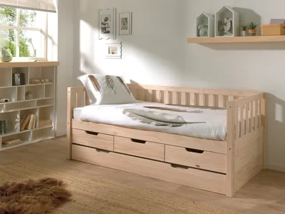 Produktbild von Vipack - Kojen Bett Fritz mit Sprossenumrandung, 3 Schubladen u. Rolllattenrost, Liegefläche 90 x 200, inkl. Bettschublade, Ausf. Milky White lackiert
