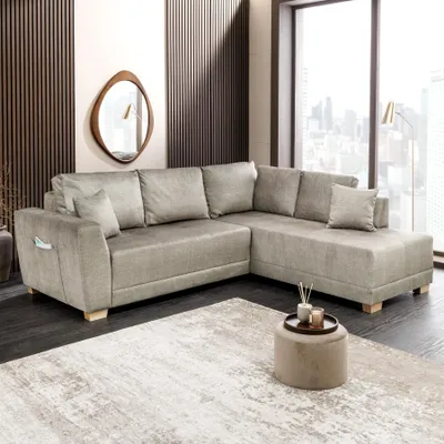 Produktbild von riess-ambiente Ecksofa NORWAY 250cm taupe Vogue Velours Samt Schlafsofa mit Stauraum Ottomane flexibel montierbar