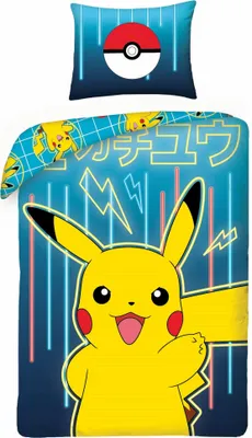 A close-up of a Pokemon-themed duvet cover and pillowcase set featuring Pikachu.