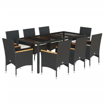 Image de vidaXL Salon de jardin 9 pièces avec coussins noir poly rotin et verre