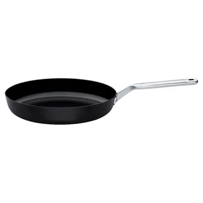 A black frying pan with a silver handle is shown against a white background.