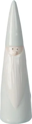 A ceramic gnome figurine with a pointed hat and beard, set against a white background.