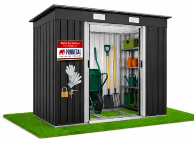 Produktbild von Gartenhaus Gerätehaus EDEN XL mit Pultdach | HxBxT 175x218x130cm | 4 m³ | abschließbarer Schiebetür | Metall wetterfest | Anthrazit | Geräteschuppen für Garten Gartenhütte Outdoor