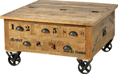 Produktbild von SIT Möbel Couchtischtruhe auf Rollen | 5 Schubladen, 1 Klappe | Mangoholz natur | B 90 x T 90 x H 47 cm | 01994-04 | Serie RUSTIC