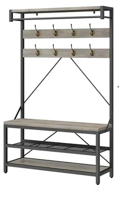 Produktbild von Flurgarderobe - Garderobenständer mit Schuhbank - 3 Ebenen - Freistehend - Metallrahmen - Regalböden - Antik-Optik - Grau