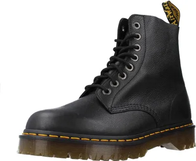 A black Dr. Martens boot is shown against a white background.