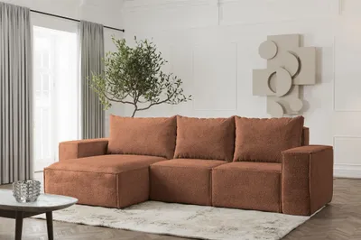 Productafbeelding van Designbank ESTELLE, model Ecksofa, bekleed met stof Abriamo in de kleur roestbruin. Ottomane aan de linkerkant
