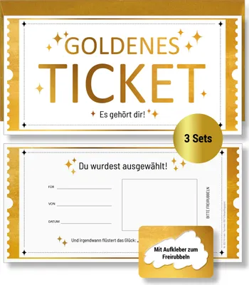 Produktbild von Frank Paperman® | 3x Set Goldenes Ticket Gutschein mit Umschlag & Rubbelaufkleber | personalisierte Geschenke | Rubbelkarten zum selber beschriften