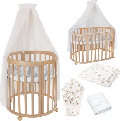 Produktbild von Waldin Babybett OWAL Kinderbett 7in1 mit Matratze, mitwachsendes Kinder-Bett,Stoffe Champagner Löwenzahn,Holz natur