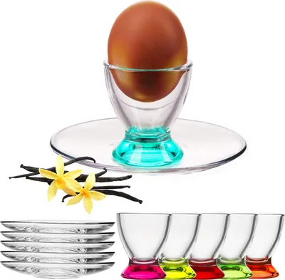 Produktbild von PLATINUX Eierbecher Set bunt mit Untersetzer aus Glas (12-Teilig) Eierständer Frühstück Egg-Cup Eierhalter Brunch