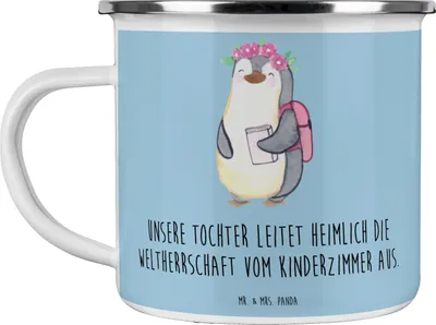 Produktbild von Mr. & Mrs. Panda Emaille Tasse Tochter Weltherrschaft - Blau Pastell - Geschenk, Einfallsreichtum, Freude, Dankeschön, Kinderzimmer, Familienleben, Familie, Handarbeit