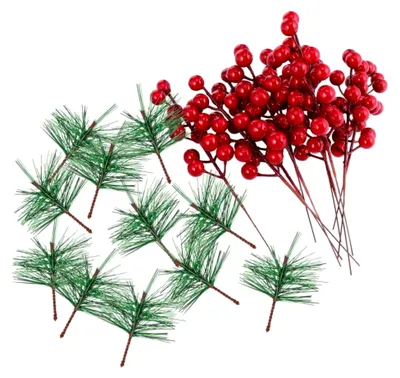 Produktbild von 20 Stück Künstliche Beerenzweige mit Kiefernnadeln für Weihnachtsdekoration in Grün und Rot als Blumendekoration für Zuhause und Hochzeitsfeiern
