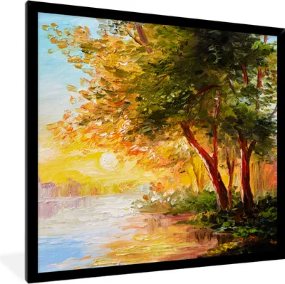 Produktbild von MuchoWow® Gerahmtes Poster Natur - Malerei - Baum - Wasser 40x40 cm - Poster mit Schwarzem Bilderrahmen Wandposter Rahmen Foto Bilder - Mit Rahmen - Wanddekoration Schlafzimmer