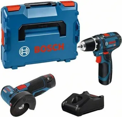 Immagine prodotto di Set di utensili a batteria BOSCH, trapano avvitatore GSR 12V-15, smerigliatrice angolare GWS 12V-76, 2 batterie da 2 Ah, 12 V, L-BOXX