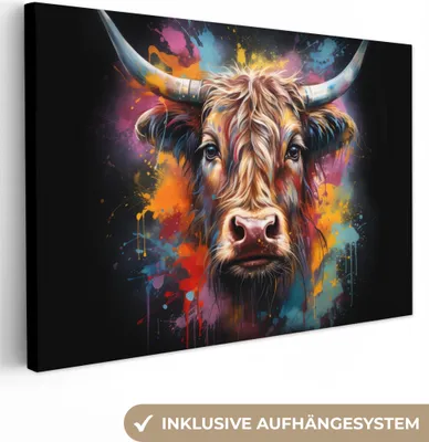 Produktbild von Wanddeko 90x60 cm - Schottisches Hochlandrind - Graffiti - Schwarz - Kuh, Deko Wohnzimmer, Leinwand Bilder