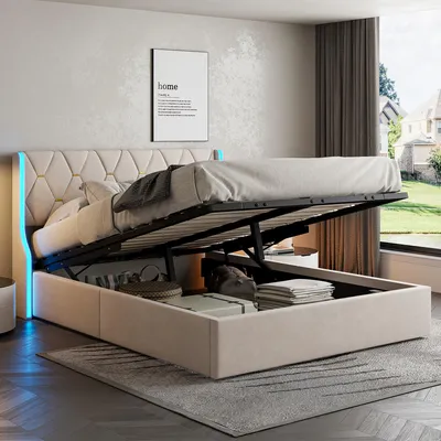A bedroom scene with a bed that has its storage compartment open, revealing items inside. The bed has a tufted headboard with LED lighting.