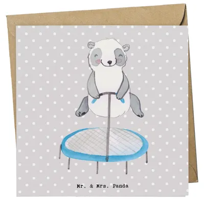Produktbild von Mr. & Mrs. Panda Grußkarte Panda Trampolin springen - Grau Pastell - Geschenk, faltkarte, Glückwunschkarte, Sportler, anlasskarte, Turnen, Klappkarte, doppelkarte
