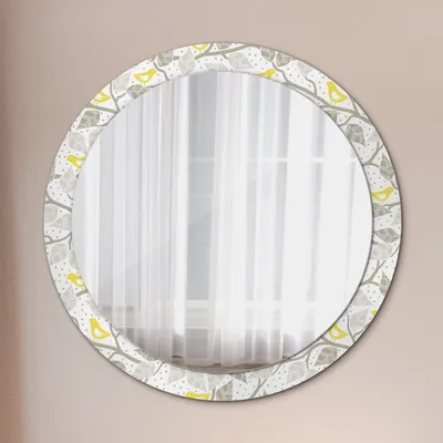 Produktbild von Ø90cm Spiegel - Glasrahmen mit Aufdruck - Wandspiegel Schlafzimmer - gelb Vögel auf Zweige