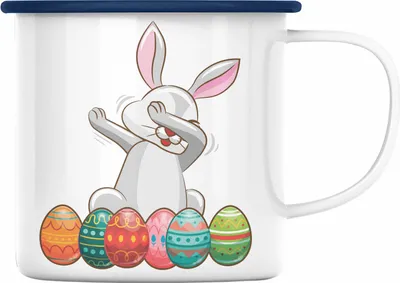 Produktbild von Trendation - Emaille Tasse Ostern Ostergeschenke Kinder Jugendliche Geschenke Lustige Grafik Osterhase Dab (Blau)