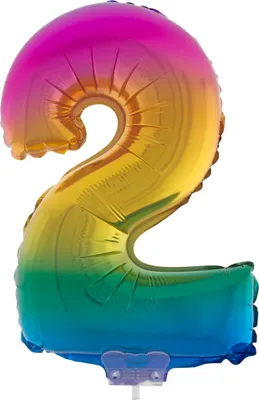 Produktbild von Zahlen Folienballon 41 cm mit Stab - Regenbogen Zahl 2