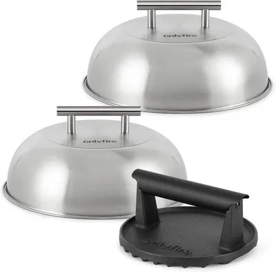 Produktbild von Famanu Smash Burger Set 3-teilig – Gusseisen Hamburgerpresse und 2 Metallhauben für BBQ